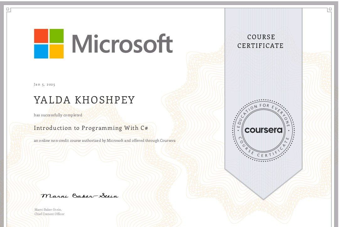 Introduction to Programming with C# Certificate